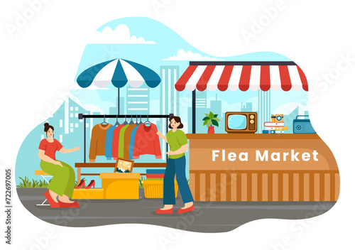 Flea Market Vector Illustration with Second Hand Shop with Shoppers, Swap Meet, Sellers and Customers at Weekend in Business Flat Background