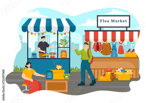 Flea Market Vector Illustration with Second Hand Shop with Shoppers, Swap Meet, Sellers and Customers at Weekend in Business Flat Background
