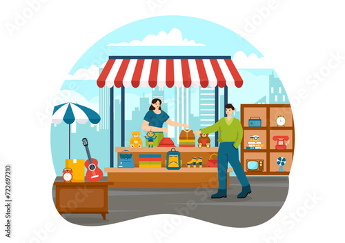 Flea Market Vector Illustration with Second Hand Shop with Shoppers, Swap Meet, Sellers and Customers at Weekend in Business Flat Background