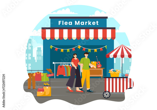 Flea Market Vector Illustration with Second Hand Shop with Shoppers, Swap Meet, Sellers and Customers at Weekend in Business Flat Background
