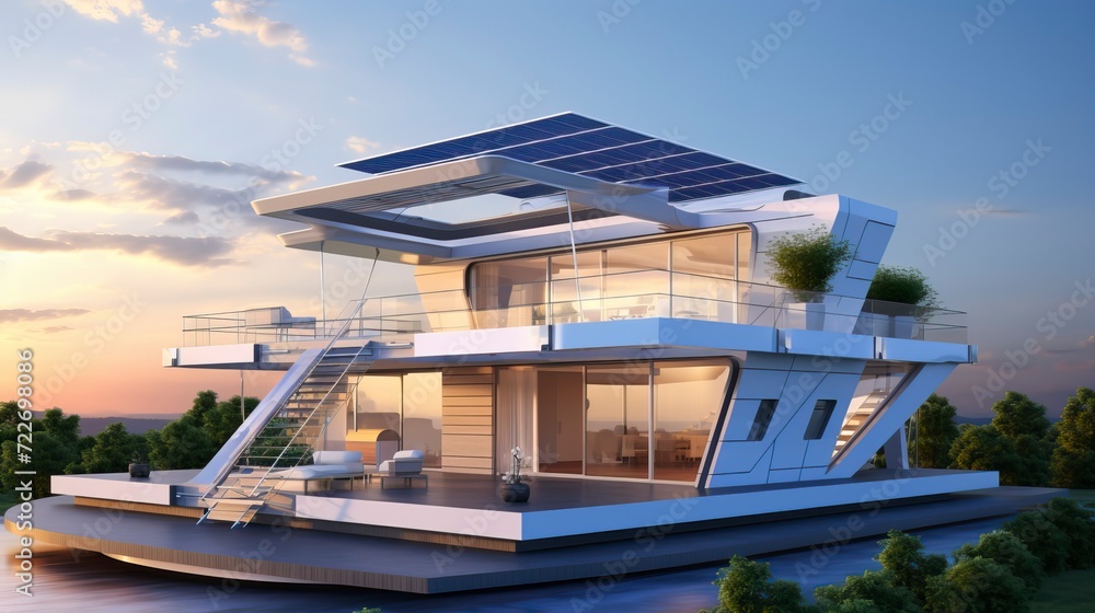 Obraz premium Futuristic generic smart home with solar panels rooftop