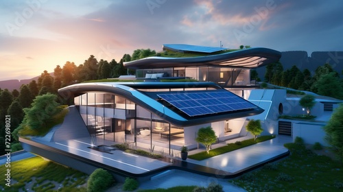 Futuristic generic smart home with solar panels rooftop © CREATIVE STOCK