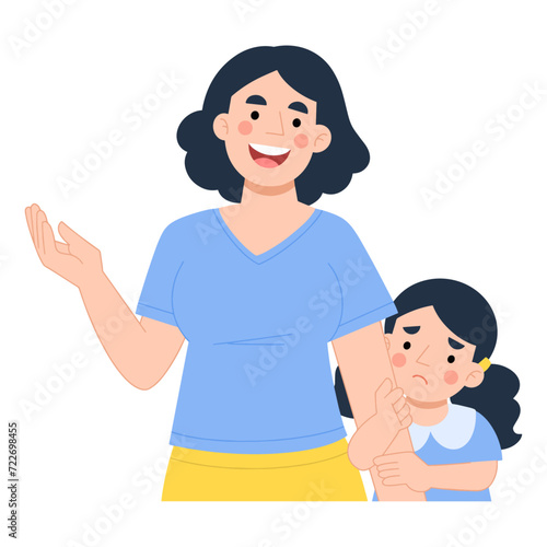 Vector illustration of a shy girl hiding behind her mother