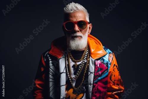 Stylish senior man in sunglasses and a colorful jacket. Portrait on a black background. © Inigo
