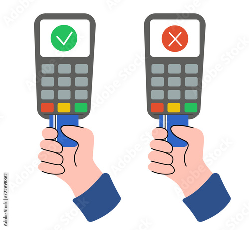 Processing of card payment. Accepting and declining payment. POS terminal with debit or credit cards. Contact payment method. Vector flat illustration.