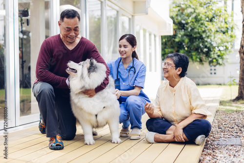 Caregiver nurse take care a Senior patient walking in park. Nurse helping senior Woman outside home. nurse helping old elderly disable Grandparents to walk using walker equipment outside home