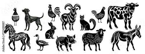 Hand drawn set with pets in linocut style. Isolated on white background. Vector illustration
