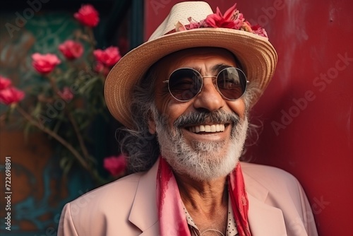 Portrait of a happy senior man with hat and sunglasses outdoors.