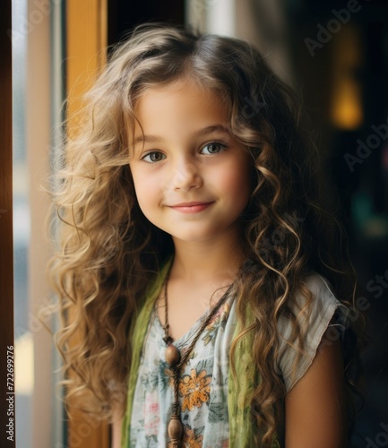 Portrait of cute little girl with curly hair. Generative AI.
