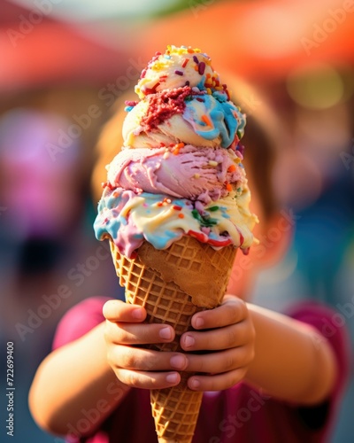 A child holding an ice cream cone with colorful sprinkles. Generative AI.