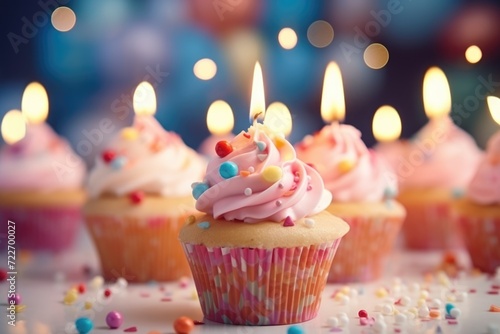 Pink birthday cupcakes with candles. Beautiful lights at background. Happy b-day. Party  holiday mood. AI Generated 