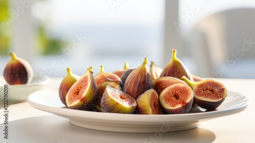 Ripe cut sweet figs on a plate by the window. Delicious summer fruits. Sunny day. AI Generated 