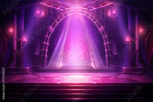 Vibrant neon art nouveau stage setting with spotlights, lights, and large canvas format. A mesmerizing blend of light purple and crimson hues.