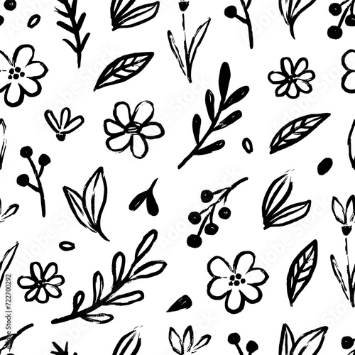 Abstract flower doodle brush seamless pattern. Sketch hand drawn spring floral plant, nature graphic leaf, scribble grunge brush texture black and white ink seamless pattern. Vector illustration