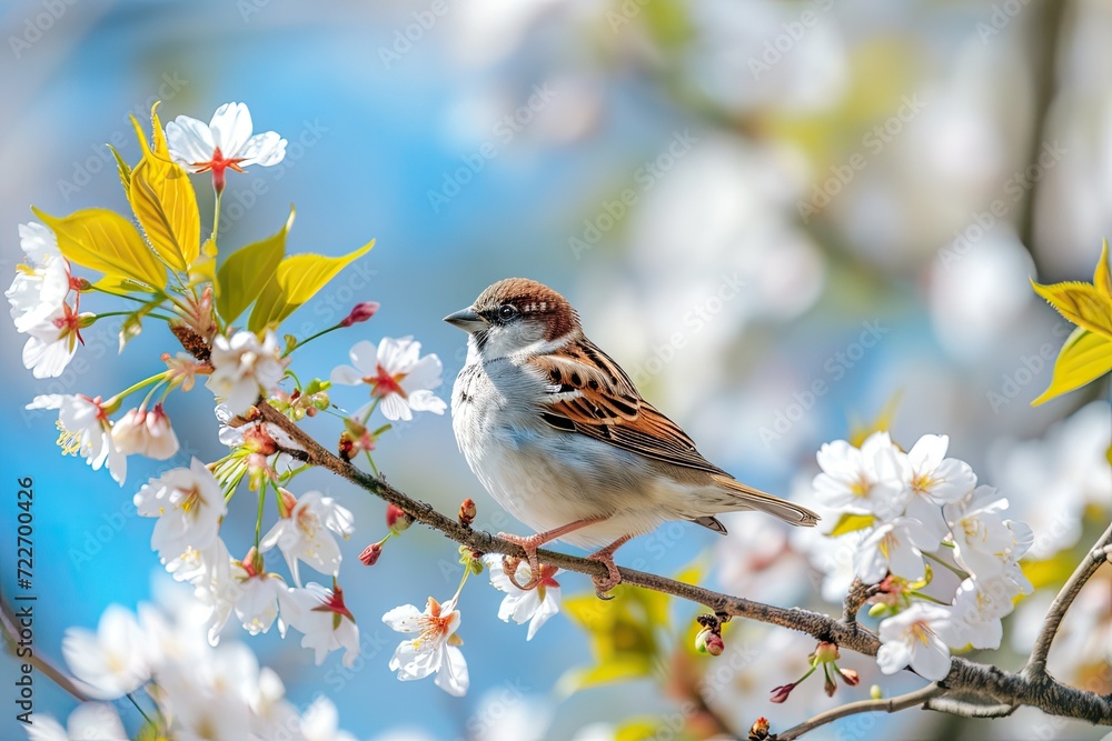 Little bird sitting on branch of blossom cherry tree. Spring time. Little bird sitting on branch of blossom cherry tree. Spring time.
