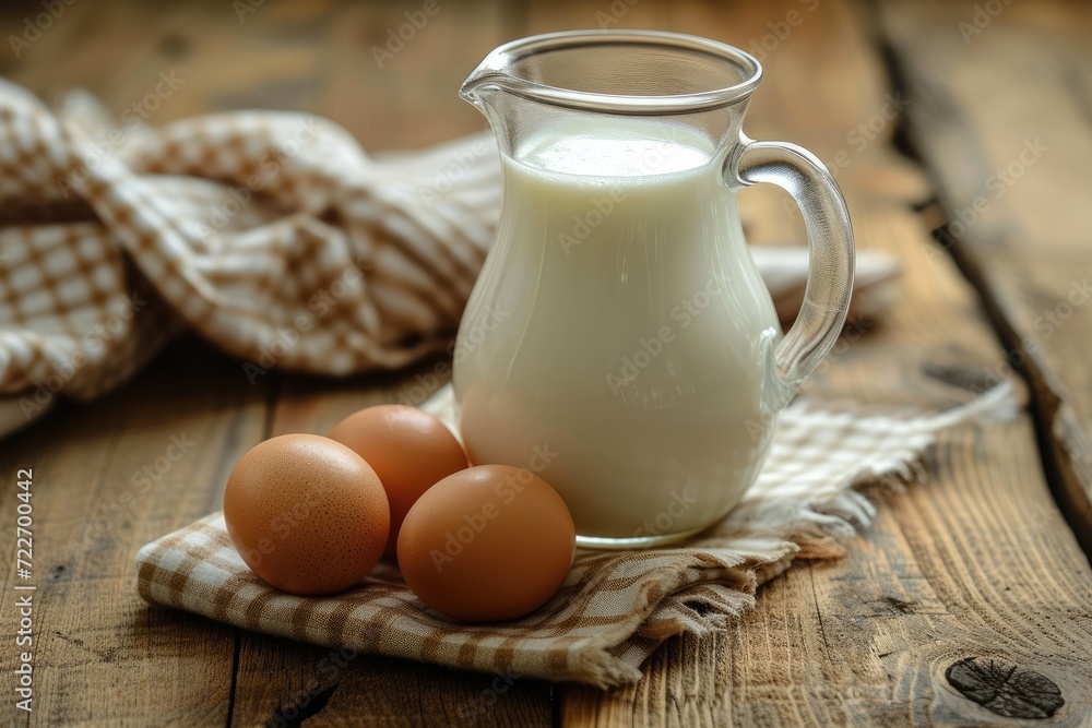 Glass jug of milk and egg on wooden table. Glass jug of milk and egg on wooden table.