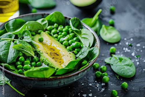 Green vegetable salad with spinach, avocado, green peas and olive oil in bowl.