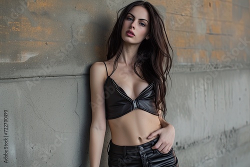 Extremely beautiful brunette in short leather midriff top, black leather pants. Glamour stylish model.