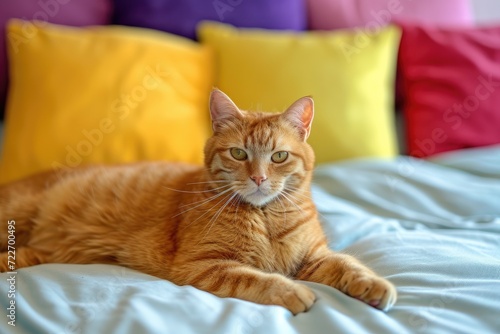 Cat with color pillows behind him on a bed.