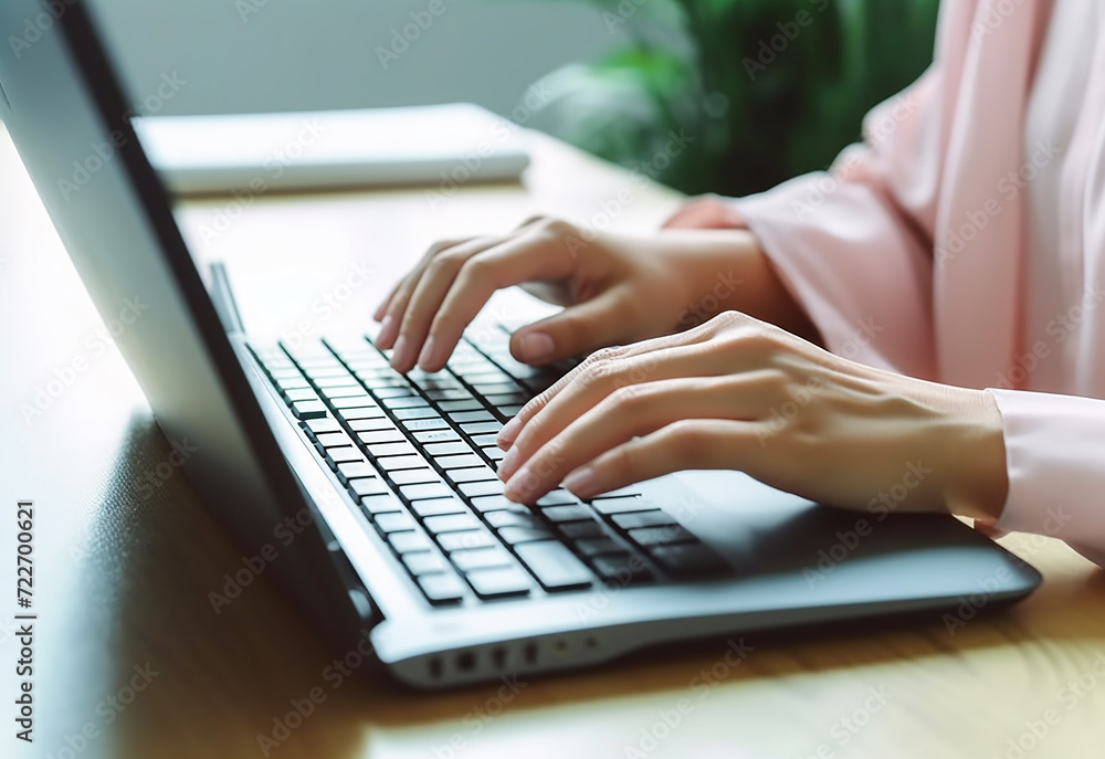 Woman hands typing on laptop keyboard at the office, Woman worker and business concept Woman hands typing on laptop keyboard at the office, Woman worker and business concept