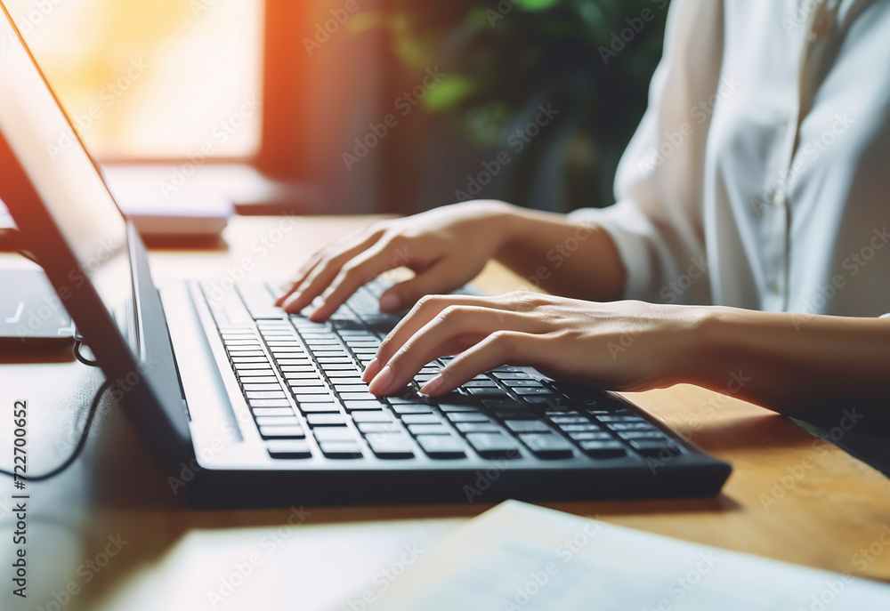 Woman hands typing on laptop keyboard at the office, Woman worker and business concept Woman hands typing on laptop keyboard at the office, Woman worker and business concept
