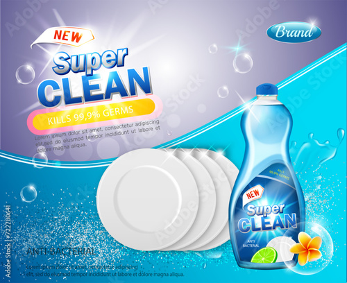 Liquid detergent for washing dishes poster with illustrations various dishware