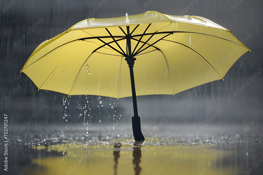Under the Rainy Umbrella: A Beautiful Scene of a Yellow Umbrella in the Rain Against a Droplet Background generative ai
