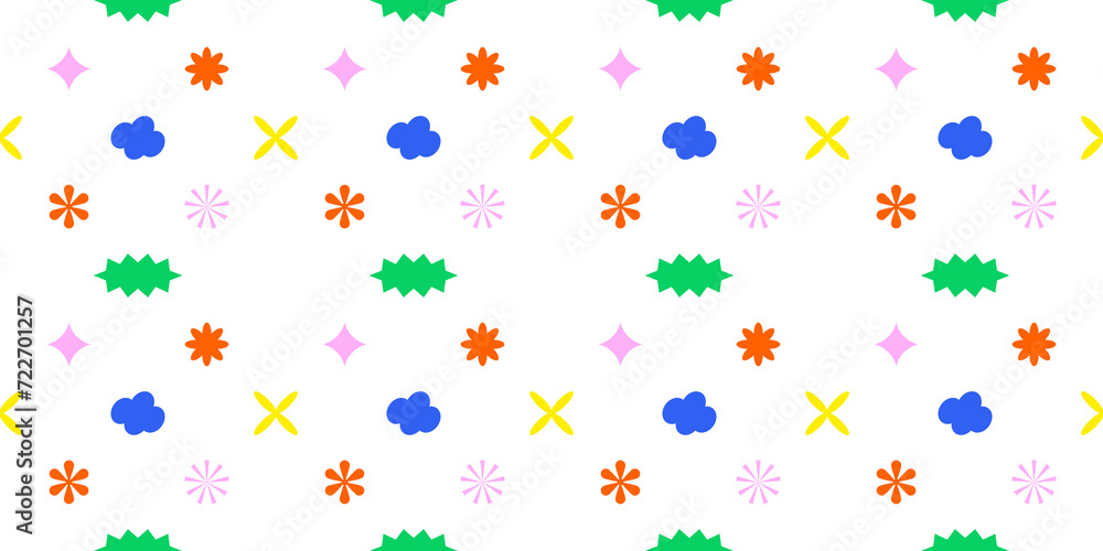 Colorful sticker label seamless pattern. Trendy retro icon background for business, web design or social media backdrop texture. Fun y2k style graphic element print.