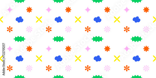 Colorful sticker label seamless pattern. Trendy retro icon background for business, web design or social media backdrop texture. Fun y2k style graphic element print.