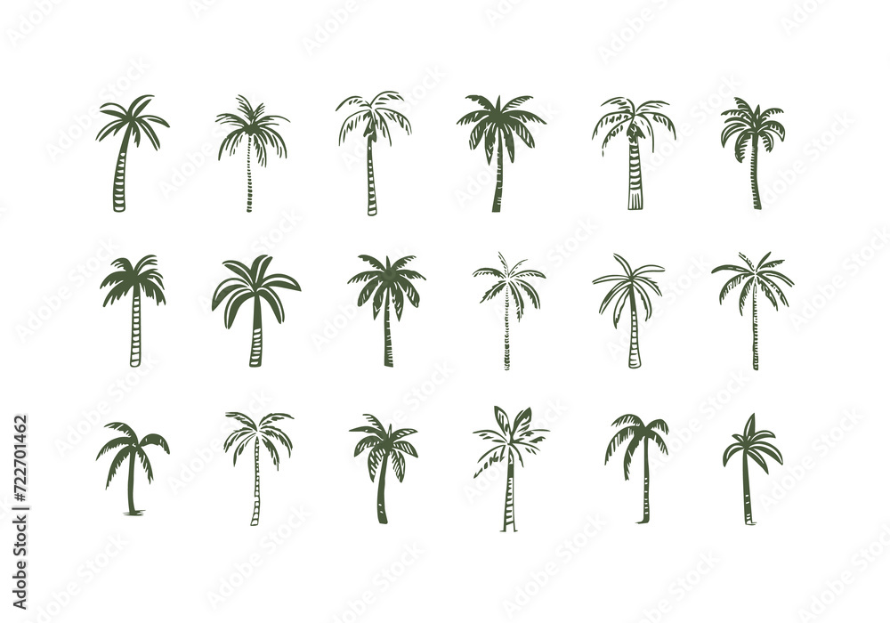 Hand drawn palm tree doodle element set. Colorful hawaiian clipart, isolated summer vacation collection in vintage art style. Tropical plant painting illustration bundle. - obrazy, fototapety, plakaty 