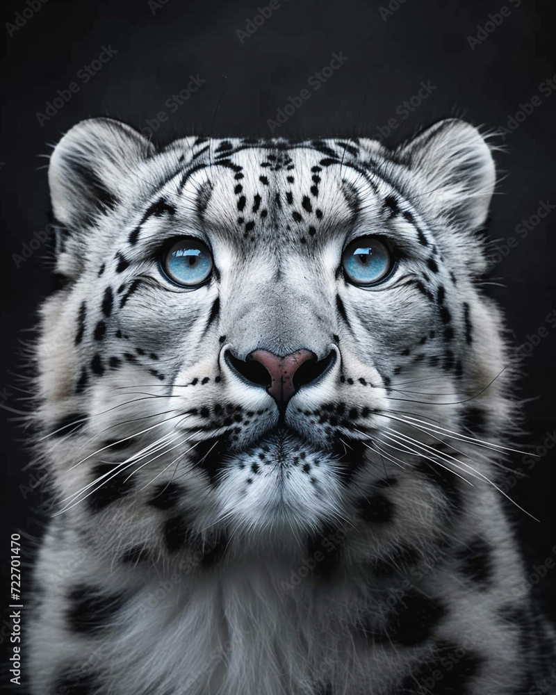 Isolated closeup Snow Leopard head on black background. Focused straight look. Isolated closeup Snow Leopard head on black background. Focused straight look.