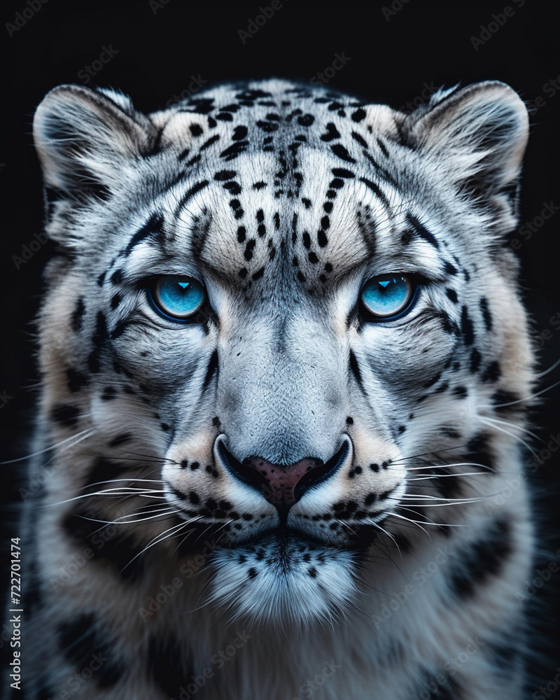 Isolated closeup Snow Leopard head on black background. Focused straight look. Isolated closeup Snow Leopard head on black background. Focused straight look.