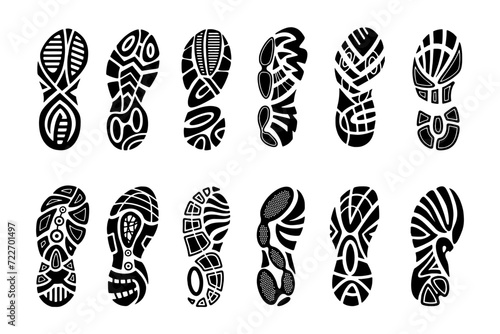 Footprints human shoes silhouette, vector set, isolated on white background. Shoe soles print. Foot print tread, boots, sneakers. Impression icon barefoot photo