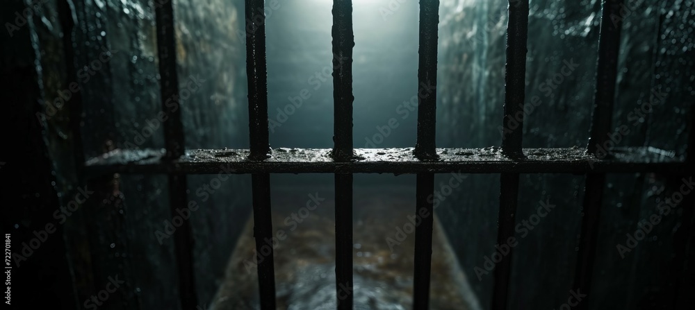 Prison cell with bars. Generative AI technology. - obrazy, fototapety, plakaty 