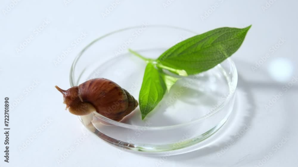 Each drop of water falls into a transparent petri dish. In it there is a snail and green leaves. White background of laboratory for commercial use. Each drop of water falls into a transparent petri dish. In it there is a snail and green leaves. White background of laboratory for commercial use.