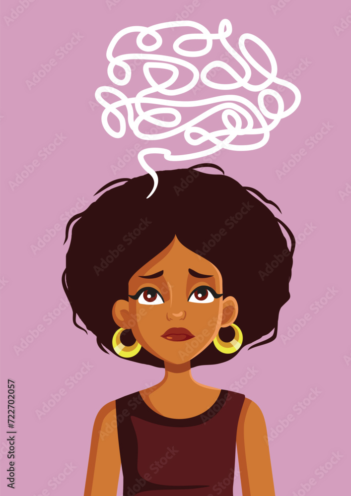 Stressed Young Woman Having Tangled Thoughts Vector Cartoon Character. Stressed girl overthinking everything feeling overwhelmed
Stressed Young Woman Having Tangled Thoughts Vector Cartoon Character. Stressed girl overthinking everything feeling overwhelmed