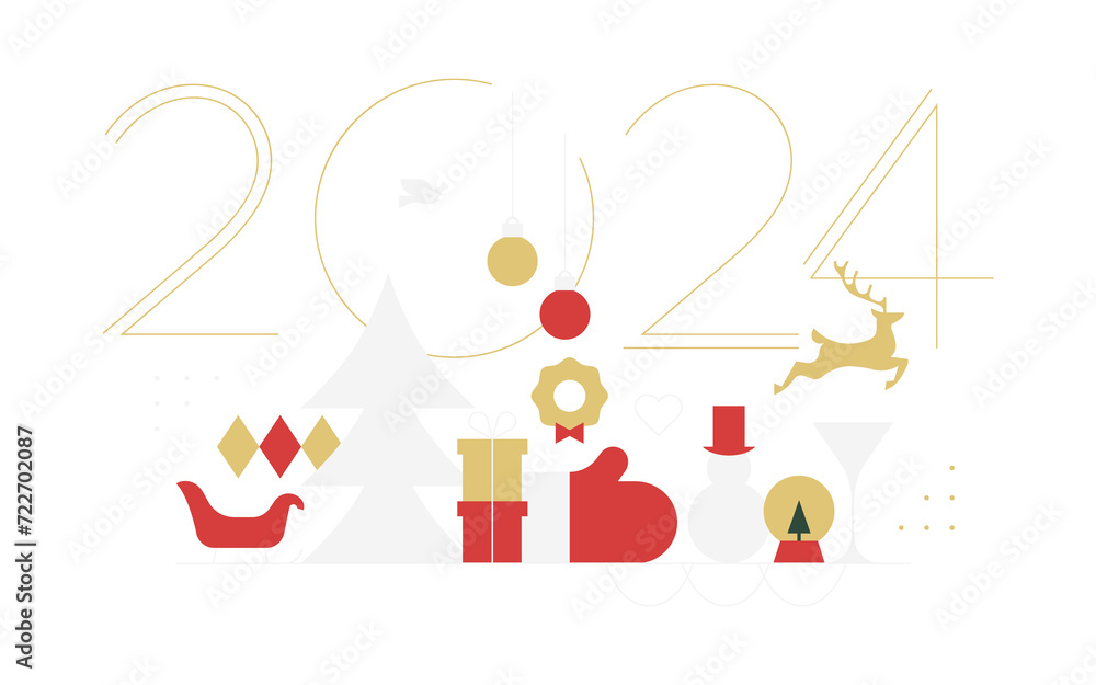 Happy New Year modern geometric banner template. Abstract 2024 holiday poster with winter decoration. Festive party invitation, minimalist event celebration greeting card.	