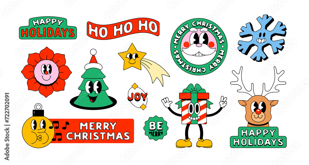 Fototapeta premium Set of funny vintage christmas cartoon character label on isolated background. Retro sticker patch illustration collection for xmas party celebration. Festive holiday season graphic bundle. 