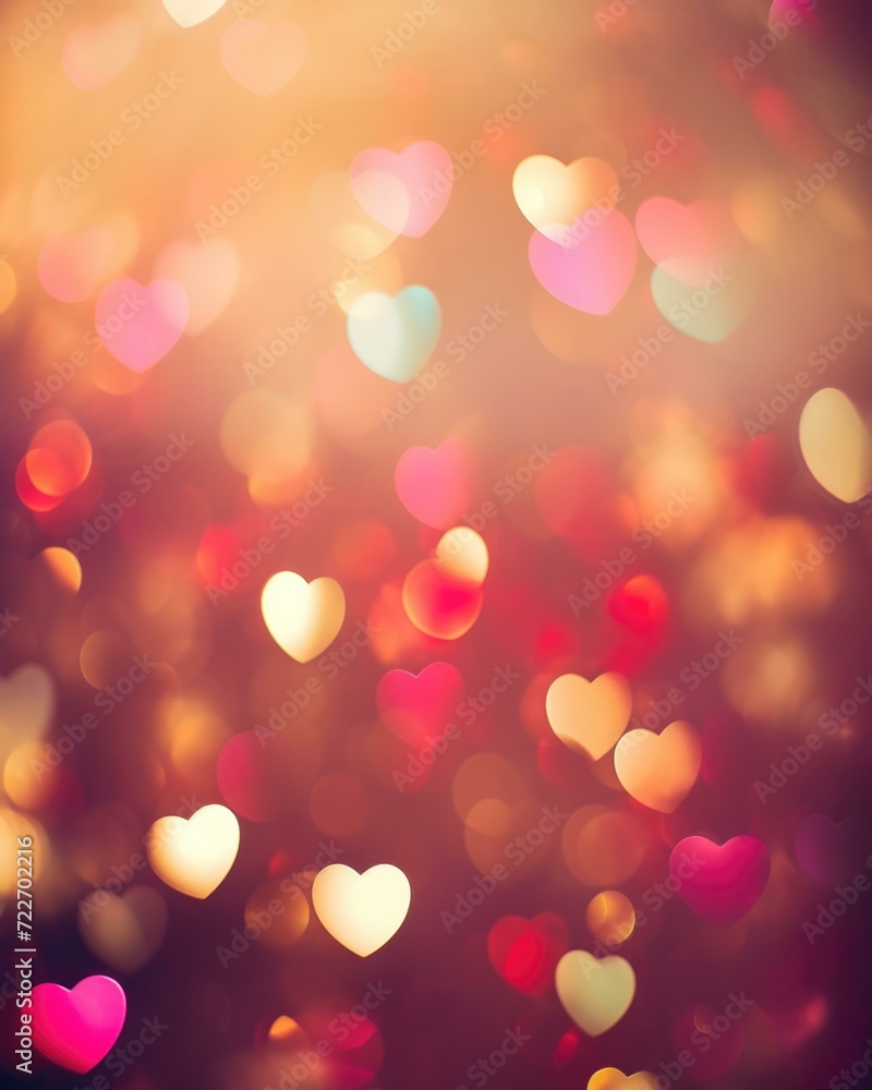 Heart shaped bokeh background with red and pink lights. Generative AI.