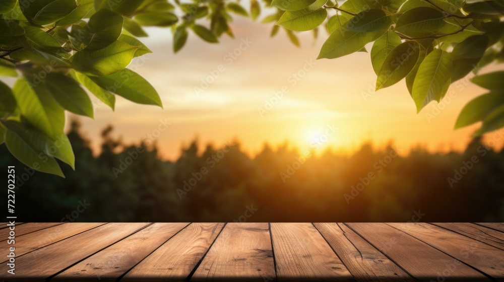 Wooden table with sun setting over trees. Generative AI. Wooden table with sun setting over trees. Generative AI.