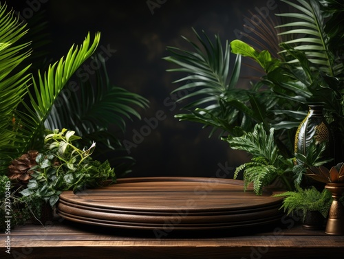 Wooden round platform for displaying goods. Against a background of tropical leaves and plants.