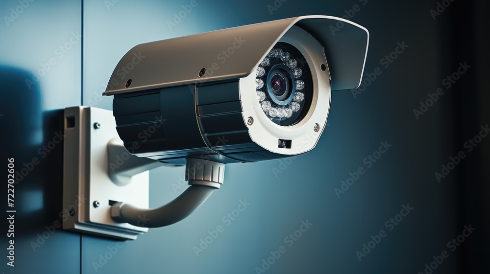 A white video camera is screwed to the wall of the house. The theme of covert surveillance and control. A white video camera is screwed to the wall of the house. The theme of covert surveillance and control.