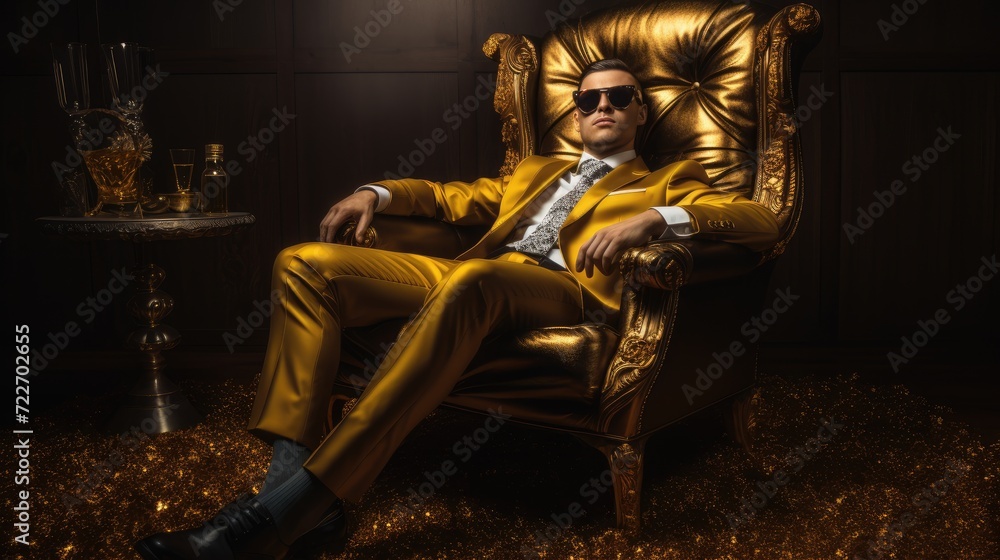 A handsome, confident man in an expensive fashionable suit sits in a stylish leather chair and looks at the camera. The theme of successful life and victories in business. A handsome, confident man in an expensive fashionable suit sits in a stylish leather chair and looks at the camera. The theme of successful life and victories in business.