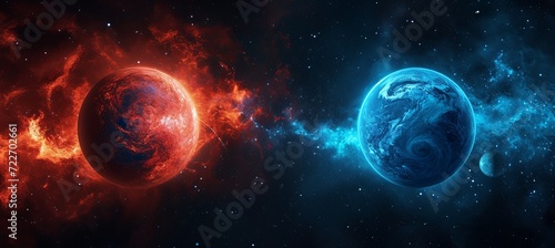 Blue and red planets. Political democracy choice concept. Generative AI technology.
