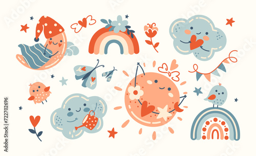 Funny vector nursery collection of cute baby shower elements: sun, clouds, moon, rainbow, butterflies. Naive Scandinavian style. Boho hand drawn graphic. Retro doodle collection for kids party decor