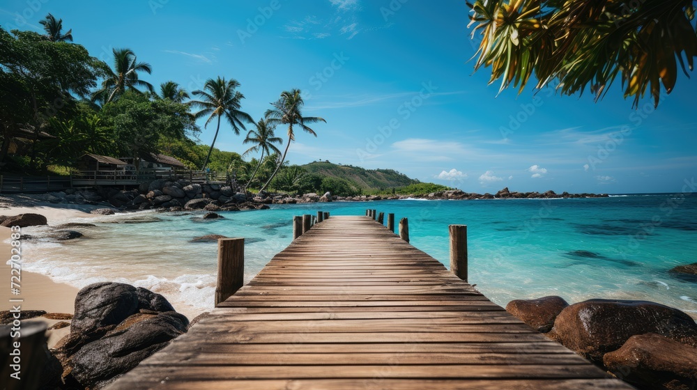 Wooden bridge going into the ocean. Charming tropical island with yellow beach, blue waves and clear water. Theme of travel and recreation.