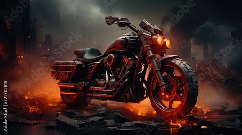 A beautiful stylish powerful heavy motorcycle stands in the middle of stones and a flaming street.