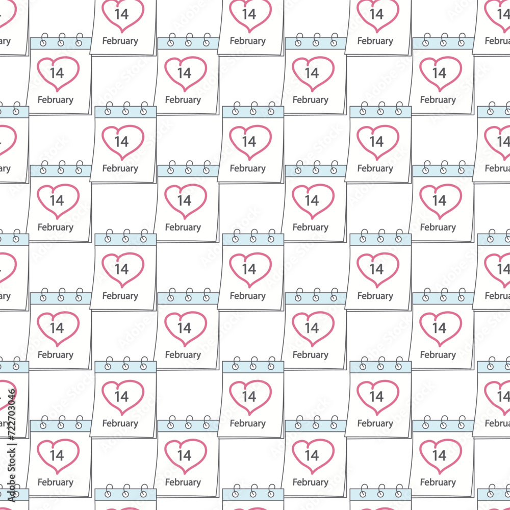 Seamless pattern of calendar page with St. Valentines Day date 14 February and hand drawn heart