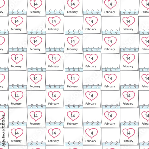 Seamless pattern of calendar page with St. Valentines Day date 14 February and hand drawn heart