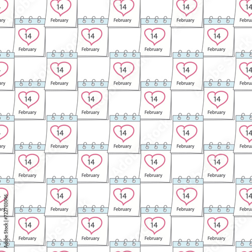 Seamless pattern of calendar page with St. Valentines Day date 14 February and hand drawn heart